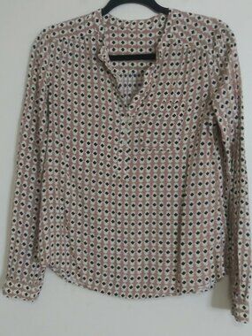 Women's Pink Geometric Print Button-Front Blouse Long Sleeve Size: Medium